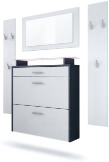 Vladon Garderobe Malea, Garderobenset bestehend aus 1 Hängeschuhschrank, 1 Wandspiegel und 2 Garderobenpaneele, Anthrazit matt/Weiß matt, inkl. LED-Beleuchtung weiß