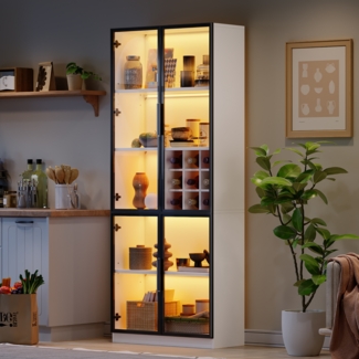 Vitrine, Glasvitrine mit LED-Beleuchtung Doppeltüren Glasregal Weinhalterung, Glas+Holz, Natur, 80x35x200cm