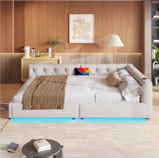 Ulife Schlafsofa Daybett, Tagesbett, Polsterbett, Jugendbett mit LED-Beleuchtung, Kopfteil mit Knopftuft, Usb+Typ-c, 140x200cm