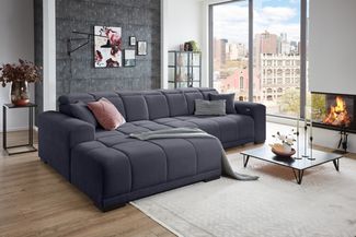 Wohnlandschaft >Puppet< Kopfteilverstellung, 2 Kissen, schwarz - 301x113x195cm (BxHxT)