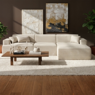 skølm 'Freki' Cloud Sofa 4 Sitzer mit Hocker, Vollschaumcouch mit Federkern und Vakuum-Kompression, kein Aufbau erforderlich, mit 3 Kissen, Cord beige