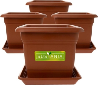 SUSTANIA Blumentopf Pflanzkübel mit Untersetzern (4er Set 48x48x38 cm), Terracotta Pflanztopf eckig