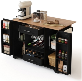 MODFU Küchenwagen für Familienküchen, Hausbars & moderne Apartments, (mit klappbarer Arbeitsplatte & Stauraum, mobile Kücheninsel auf Rollen mit Weinregal, Gewürzregal & Glashalter, 1 St, L 138x W 45(70)x H 92cm)