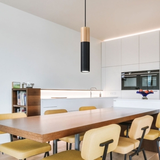 Pendelleuchte, schwarz, Holz-Optik, Stahl, pendelnd, H 100 cm