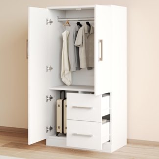 Kleiderschrank, Doppeltür-Design, Schubladen, Staufächer, Kinderkleiderschrank, Einzelkleiderschrank, Weiß, 70 × 40 × 135 cm