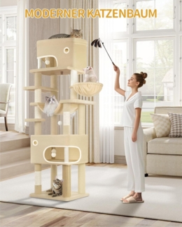 Kratzbaum, 203 cm Katzenbaum mit großer Plattform, 2 Höhlen, 7 Kratzsäulen, Pompons, Liegemulden, Hängematte, Geeignet für alle Katzenrassen, Beige