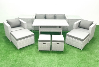 Fimous Polyrattan Gartenmöbel-Set Outdoor 9 Sitzer mit Glasplatte Esstisch und 2 Beistelltischen Hellgrau gemischt