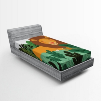 Abakuhaus Spannbettlaken Soft Dekorativer Stoff Bettwäsche Rund-um Elastischer Gummizug, Löwe Dschungel in Shades of Green König