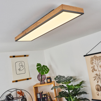 hofstein Deckenleuchte »Vacil« modernes Deckenpanel aus Metall und Holz in Schwarz/Weiß/Natur, 3000 Kelvin, 24 Watt, 2100 Lumen, längliche Deckenlampe in flachem Design