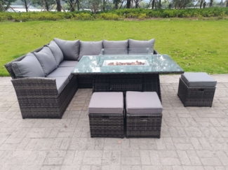 Fimous Hoher Rücken Gartenmöbel-Set Sofa Gas Feuertisch Sets Gasheizung 9 Sitzer 3 Kleine Hockern
