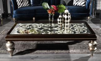 Casa Padrino Luxus Barock Couchtisch Dunkelbraun / Antik Silber 167 x 92 x H. 48 cm - Prunkvoller Massivholz Wohnzimmertisch mit Glasplatte - Luxus Qualität