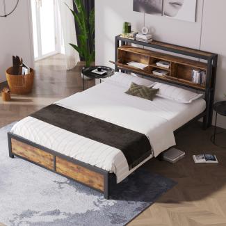 Merax Metallbett Jugendbetten Doppelbett 140 x 200 cm mit Stauraum-Kopfteil, Metall Bettgestell, Retro