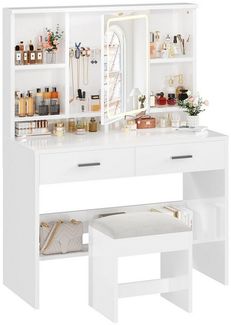 Furnicopia Schminktisch Mit LED-Beleuchtung Mit Schublade, Ablagefach, einstellbare Helligkeit (Größe: 90*40CM, mit 6 Ablagefächern, 2 Schubladen, 3 Farben verfügbar, erste Wahl für Geschenke)