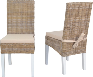 Esszimmerstuhl 2er Set, aus Kubu-Rattan handgeflochten, naturgrau-weiß, mit Kissen