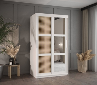 MOEBLO Schiebetürenschrank ABIA II (mit Spiegel, Rattangeflecht Rattan Schrank Boho Schrank, mit/ ohne Schubladen, Schwebetürenschrank Schrank Garderobe Schiebtüren Schlafzimmer Wohnzimmerschrank) (BxHxT):100/120/150/180/200/250x200x62 cm