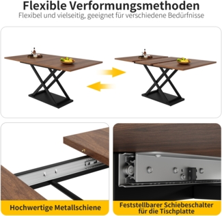 Esstisch ausziehbar Walnuss & Schwarz, moderner Küchentisch mit Kreuzbein-Gestell, MDF-Tischplatte mit Metall-Teleskopstangen, 75cmx120-160cmx80cm