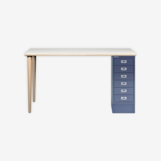 MultiDesk, 2 Eichenfüße, 1 MultiDrawer mit 6 Schüben, Dekor Plywood, Farbe Blau, Maße: H 740 x B 1400 x T 600 mm