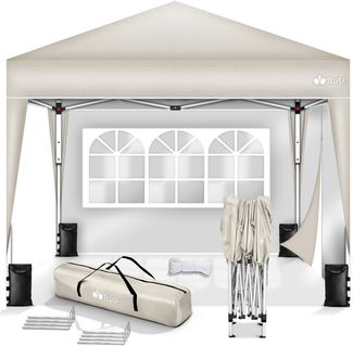 tillvex Pavillon 3x3m Beige - mit 2 Seitenteilen wasserdicht | Pop-Up Faltpavillon höhenverstellbar | Gartenzelt UV Schutz 50+ | Partyzelt mit Tasche für Garten