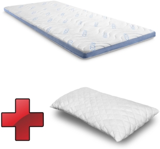 Kaltschaumtopper CloudComfort Cool 90 x 200 cm H2/H3, Höhe 7 cm, Härtegrad H2/H3, 7-Zonen Topper mit Sommer- und Winterseite + CloudComfort Basic Gel-Flocken Kissen 40 x 80 cm