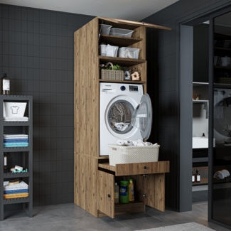 Roomart Waschmaschinenschrank mit Schrankaufsatz 95cm, HBT: 240x67x66,8 cm, Ausziehbrett, Eiche, Weiß, Schwarz eiche