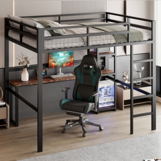 Hochbett mit Schreibtisch, Mehrfachsteckdose, Regal und Rausfallschutz, Metallbett, Jugendbett (schwarz, 140x200 cm)