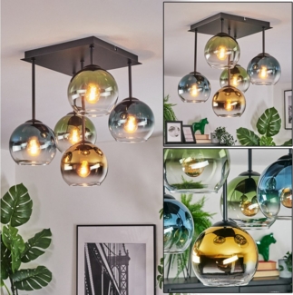 hofstein Deckenleuchte Deckenlampe aus Metall/Glas in Schwarz/Blau/Grün/Goldfarben/Klar, Deckenleuchte im Retro/Vintage-Design (Schirm Ø 15 cm), 5 x E14