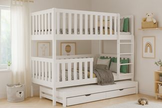 Deine Möbel 24 Etagenbett LUKAS Stockbett Hochbett Kinderbett für 3 Kinder 90x200 Weiß (mit Ausziehbett, Matratzen optional, 3-St, Funktionsbett inkl. Lattenrost, Rausfallschutz und 2 Schubladen), aus Vollholz Massivholz Kiefernholz, in 2 Einzelbetten ...