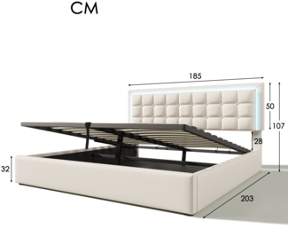 Merax LED Doppelbett 180x200 Polsterbett aus Kunstleder mit Lattenrost & Hydraulische Stauraum Weiß
