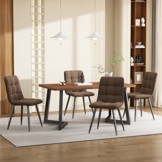 Merax Essgruppe (5-tlg),Esstisch mit 4 Stühlen Set, Moderner Küchentisch Set , Holzmaserung Küchentisch mit Schwarz Metallbeinen, MDF Tischplatte in Walnussfarbe,Braun Samt Esszimmerstühle