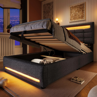 Polsterbett mit LED-Beleuchtung und USB Anschlüssen, 90x200 cm, gepolsterter Kopfteil, Einzelbett mit Stauraum, Stauraumbett, Leinen
