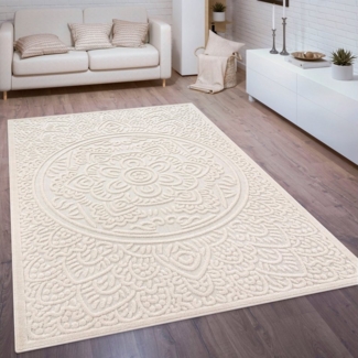 Paco Home Outdoor Teppich Wetterfest Balkon Wohnzimmer Skandinavisches Boho Muster Einfarbig Geometrisch 3D Effekt Moderne Deko, Grösse:160x230 cm, Farbe:Creme 3