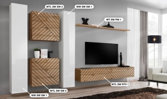 Wohnwand Switch Lamel VI mit Weißen Hochglanz Fronten und geriffelte Wotan Fronten 330 x 180 cm 6-teilig