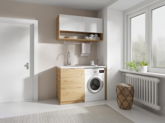Vente-unique - Waschküchenmöbel für Waschmaschine mit Arbeitsplatte - 122 cm - Weiß & Holzfarben hell - NATAJI
