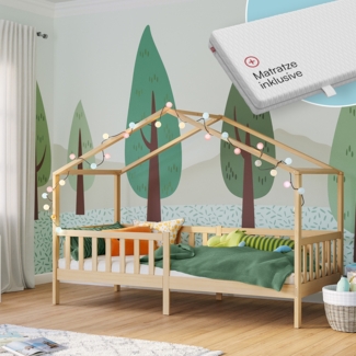 Bellabino 'Bia' Hausbett 90x200 cm mit Matratze, natur, Kiefer Massivholz, Montessori Kinderbett mit Rausfallschutz und Lattenrost
