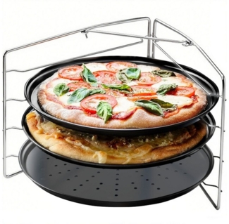 SURFOU Pizzablech 4-teilig Pizzablech mit Ständer rund ( Ø 32 cm) Pizzabäcker-Set, (Blech rundes Pizzabackblech), mit 4 Backblechen und Ständer als Pizza-Backblech und Flammkuchen
