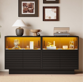Merax Sideboard Vitrinenschrank mit LED-Beleuchtung (Buffetschrank Anrichte, 1 St, für Wohnzimmer oder Flur), Kommode mit 4 Glastüren, 2 Schränken und großer Ablagefläche