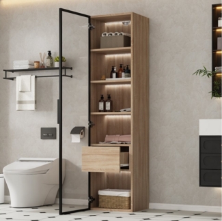 Flieks Badkommode Vitrine mit LED-Beleuchtung und 5 Fächern (1 St, B40/T34,5/H165 cm), Hochschrank mit Glastüren, Schubladen und verstellbaren Einlegeböden