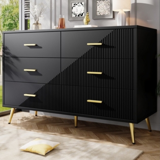 Flieks Kommode mit 6 Schubladen (B120/T40/H75 cm, 1 St, Schrank für Schlafzimmer, Wohnzimmer, Esszimmer), Sideboards Mehrzweckschrank Holz Schwarz, Metallgriffe und Metallbeine