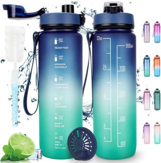 AOPREL Trinkflasche 1L Sport Wasserflasche Auslaufsicher Filter Motivierend Blau