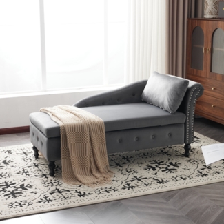 Merax Chaiselongue-Sofa aus Samt mit Stauraum, gepolsterte Chaiselongue-Couch mit Kissen, Loungesessel, rechte Armlehn, Grau