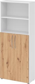 bümö Mehrzweckschrank 80cm breit, Aktenschrank o. Schuhschrank hoch, Regal Schrank-Kombi, Küchenschrank in Weiß/Asteiche aus Holz, Vorratsschrank & Haushaltsschrank mit Metallgriffen, 4770-W-R-BM