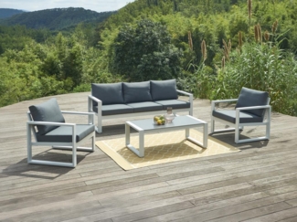 Vente-unique - Garten-Sitzgruppe: 1 Sofa 3-Sitzer, 2 Sessel & 1 Tisch - Aluminium - Weiß & schwarze Kissen - JALLY von MYLIA