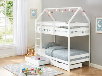 Vente-unique - Etagenbett Hausbett mit 2 Schubladen - Kiefernholz - 2 x 90 x 190 cm - Weiß - CHORI