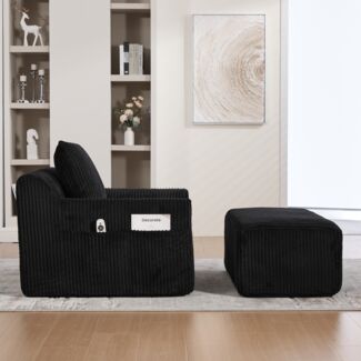 Relaxsessel 147x110x67 cm, Sitzfläche 59x48 cm, Kordstoff Schwarz, verstellbare Fußstütze, hoher Sitzkomfort, keine Montage