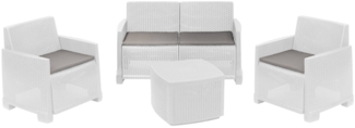 Dmora Outdoor-Lounge-Set Amer, Gartenkomposition mit 2 Sesseln, 1 Sofa und 1 Aufbewahrungstisch, Rattan-Effekt mit Kissen, 100 % Made in Italy, Weiß