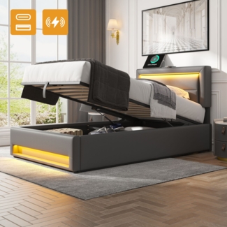 Merax Polsterbett LED Einzelbett 90x200cm mit USB-Anschluss und hydraulischem Stauraum, grau