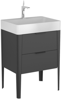 BADEDU SORA Waschbecken mit Unterschrank 60 cm breit, Schwarz matt, Waschbecken Quarzkomposit Weiß, aus Aluminium, mit Füßen