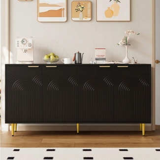 Flieks Sideboard mit 4 Türen, goldenen Metallgriffen und Metallbeinen (B160/T40/H80 cm, 1 St, Holzschrank für Wohnzimmer, Esszimmer, Schlafzimmer, Flur), Mehrzweckschrank mit verstellbare Einlegeböden Komodenschrank Schwarz