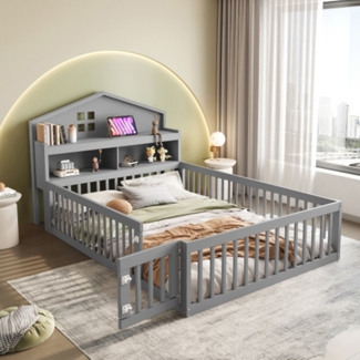 XDeer Kinderbett Kinderbett,Massivholz-Kinderbettrahmen, Hausleiste, mit Einlegeböden, und Stauraum, mit Bilderleiste, mit Lattenrost, 140x200