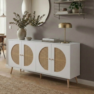 Sideboard HWC-P49, Schrank Kommode mit Türen Anrichte Staufächer, Poly-Rattan MDF Melamin 80 x 160 x 40 cm ~ weiß